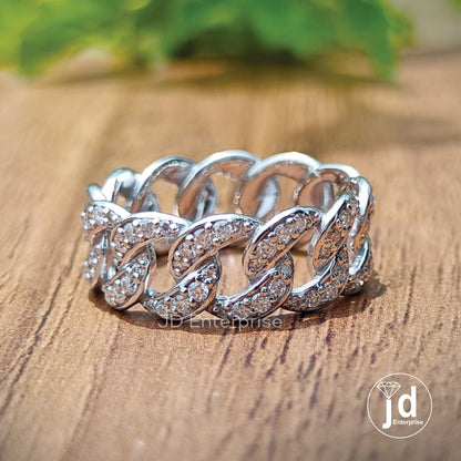 Mexican Cuban Link Ring, Colorless Fiery Round Brilliant Cut Moissanite Wedding Band for Groom, Men's Band, Half Eternity Ring for Him