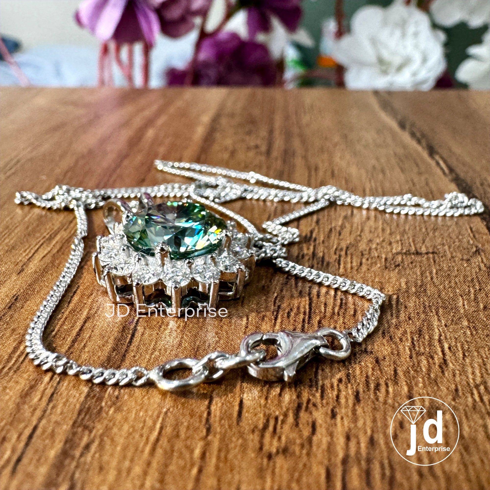 Flower Style 4.00 CT Round Cut Cluster Halo Wedding Pendant, Blue Green Moissanite Charm Pendant for Necklace, Engagement/Anniversary Gifts