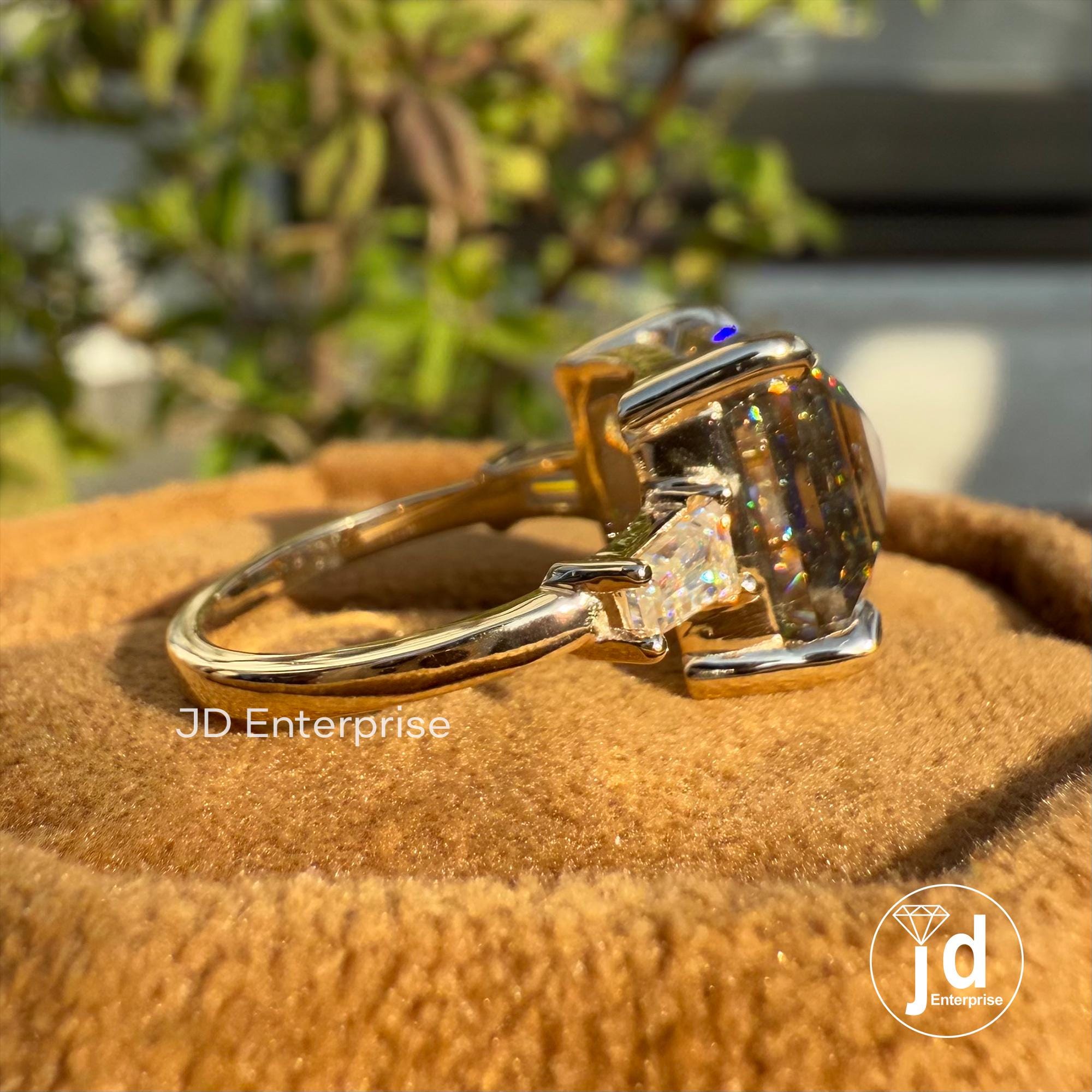 Vintage Celtic Engagement Ring, Asscher Cut Salt and Pepper Diamond Moissanite Ring, Three Stone Wedding Ring, Bridal Ring, Anniversary Gift