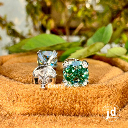2.20 TCW Bluegreen Cushion Cut Moissanite Stud Earrings, Double Claw Prongs, Wedding Earrings, Screw/Push Back Earrings, Anniversary Gift