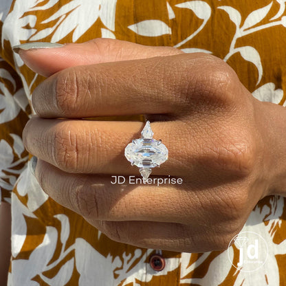 4.00 CT Oval Step Cut Moissanite Engagement Ring, Three Stone Wedding Ring, Shield Cut Moissanite, Trilogy Ring, Cocktail Ring for Women