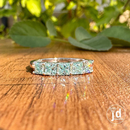 3.00 MM Princess Cut Cyan Blue Moissanite Five Stone Band, Matching Wedding Band, Comfort Fit Stackable Band, Shared Prong Anniversary Gift