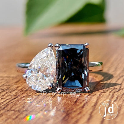 Toi Et Moi Ring, 3.61 TW Radiant and Pear Moissanite Ring, Two Stone Engagement Ring, Wedding Ring, Anniversary Gift for Her, Bridal Set