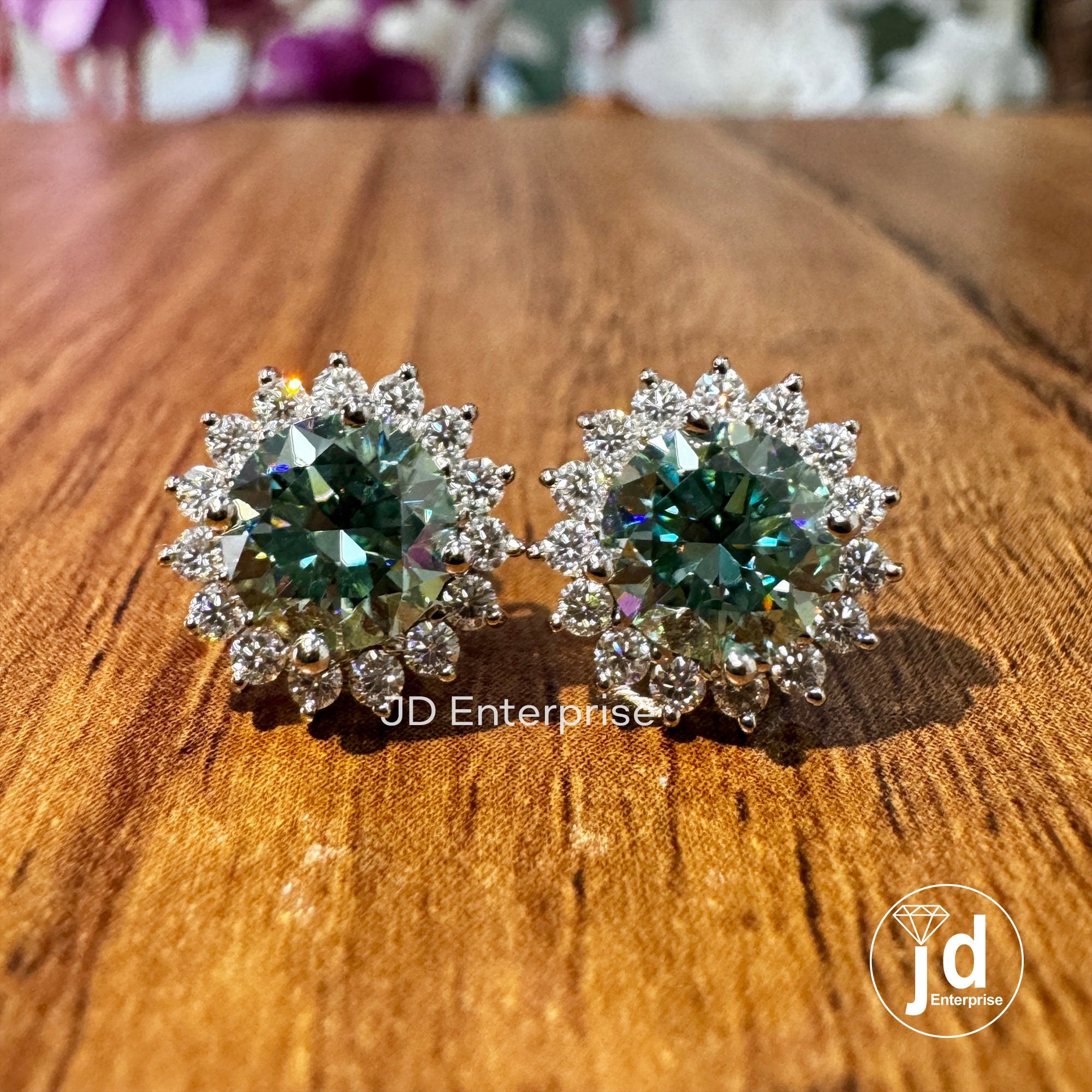 Blue Green Moissanite Diamond Earrings - Cluster Flower Studs for Women, Handmade Jewelry Halo Collection, Gift for Women, Everyday Earrings
