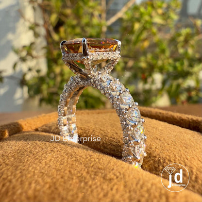 3.0 CT Criss Cut Champagne Color Moissanite Engagement Ring, Three Side Pave Wedding Ring, Hidden Halo Ring, Micro Pave Setting