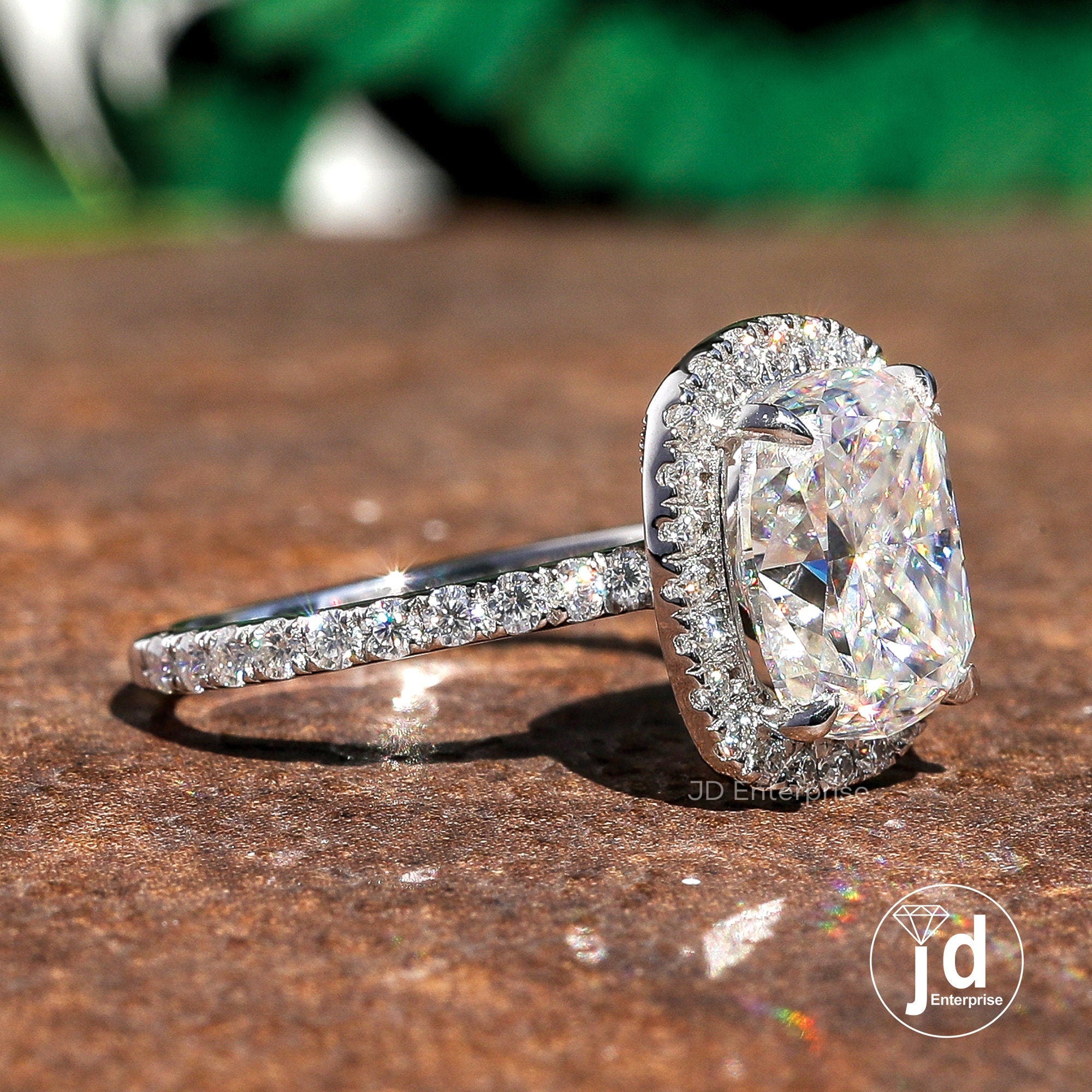 3.00 CT Colorless Elonagted Cushion Cut Moissanite Engagement Ring, Halo Wedding Ring, Claw Prongs, Accent Bridal Ring, Anniversary Gifts