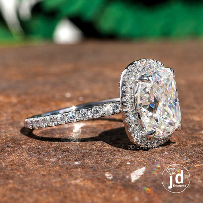 3.00 CT Colorless Elonagted Cushion Cut Moissanite Engagement Ring, Halo Wedding Ring, Claw Prongs, Accent Bridal Ring, Anniversary Gifts