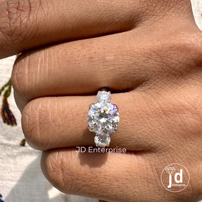 2.36 TW Round Brilliant Colorless Moissanite Ring, Three Stone Engagement Ring, Trellis Setting Wedding Ring, Proposal Ring, Promise Ring