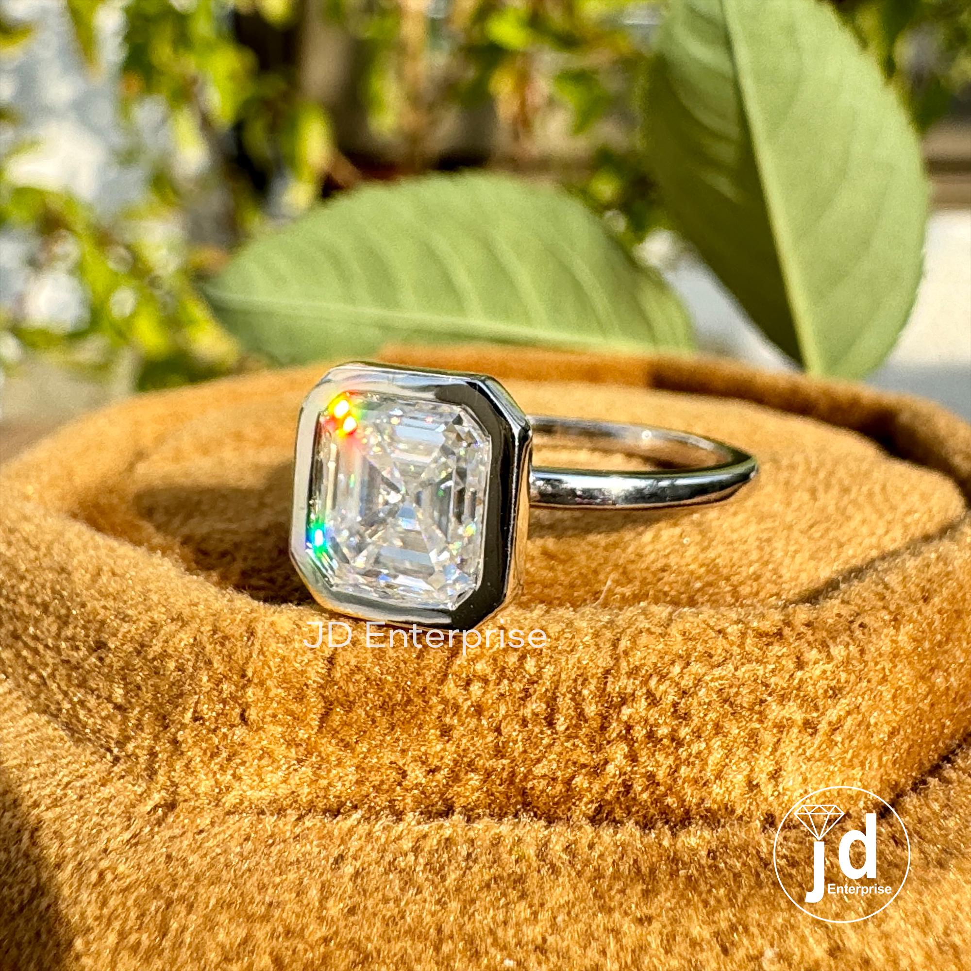 2.00CT Asscher Cut Bezel Set Solitaire Moissanite Engagement Ring, White/Yellow/Rose Gold Moissanite Wedding Ring, Promise Ring, Proposal