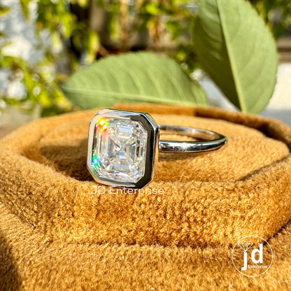 2.00CT Asscher Cut Bezel Set Solitaire Moissanite Engagement Ring, White/Yellow/Rose Gold Moissanite Wedding Ring, Promise Ring, Proposal