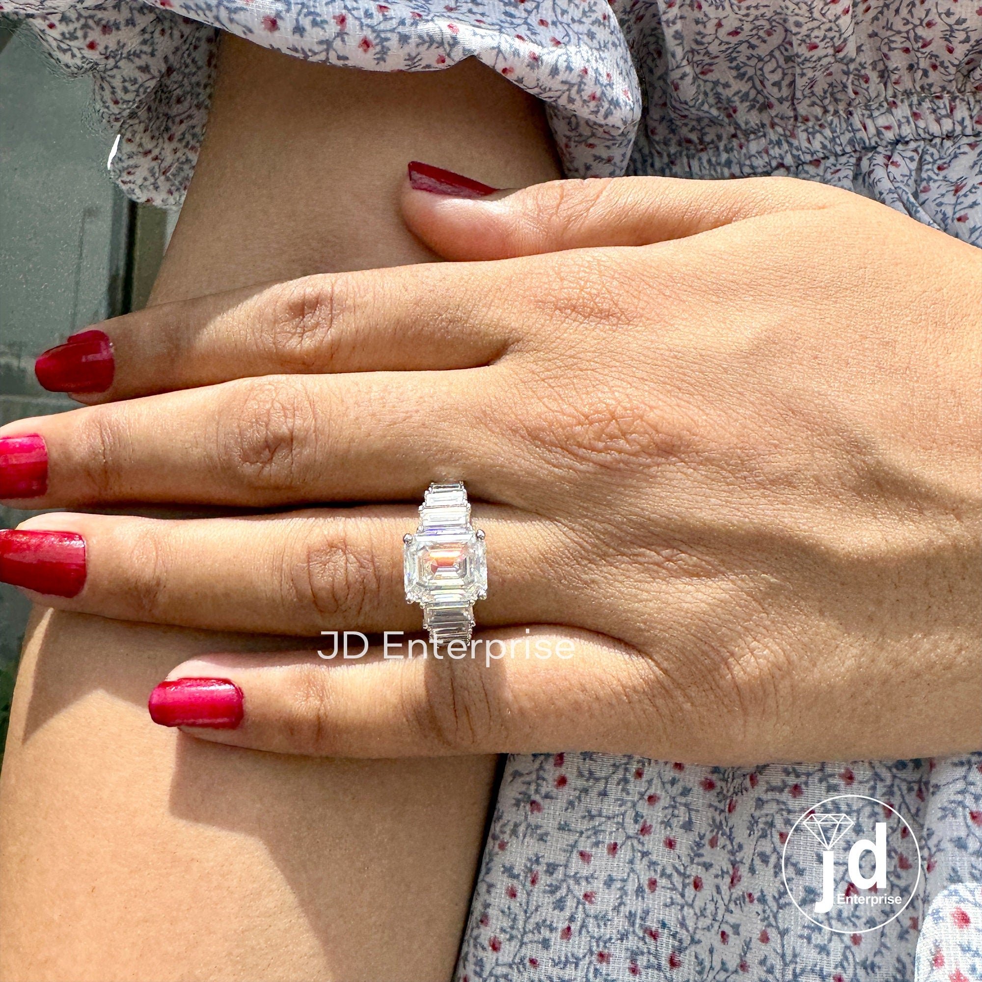 5.00 TCW Colorless Emerald Cut Moissanite Engagement Ring, Sevan Stone Wedding Ring, Anniversary Gifts Ring, Promise Ring, Cocktail Ring
