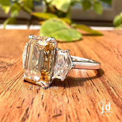6.56 TCW Brownish Yellow Emerald Cut Moissanite Engagement Ring, Three Stone Wedding Ring, Side Stone Shield Cut Anniversary Gift