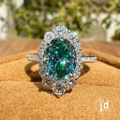 2.00 CT Cyan Blue Moissanite Oval Cut Engagement Ring, Flower Style Halo Wedding Ring, Accent Ring, Tapper Shank Pave Set Ring, Bridal Ring