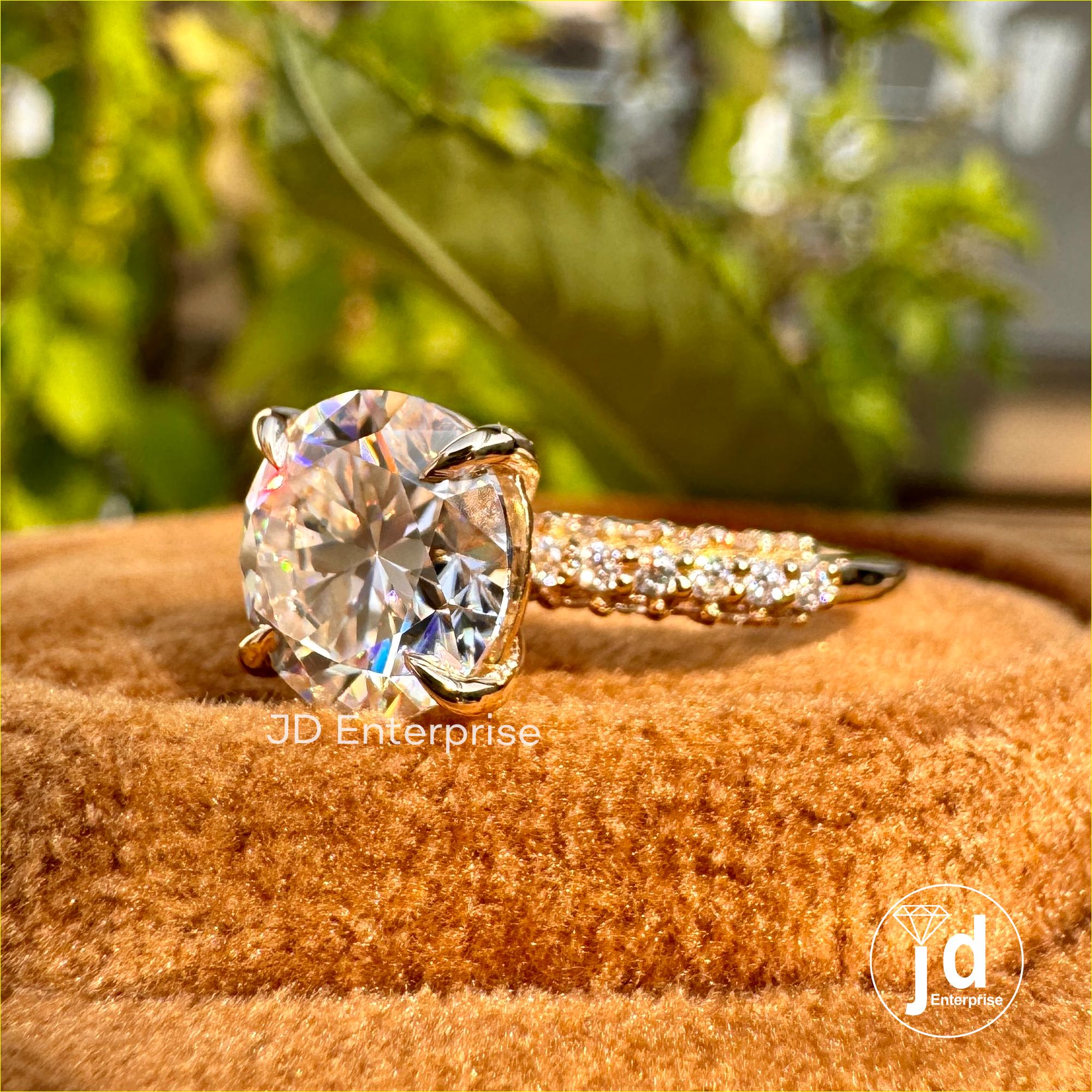 2.50 TCW Round Moissanite Engagement Ring, Three Row Pave Set Solitaire Ring, Micro Pave Wedding Ring, Anniversary Gift Ring for Women