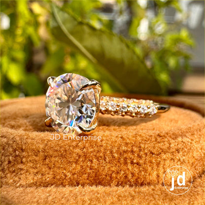 2.50 TCW Round Moissanite Engagement Ring, Three Row Pave Set Solitaire Ring, Micro Pave Wedding Ring, Anniversary Gift Ring for Women