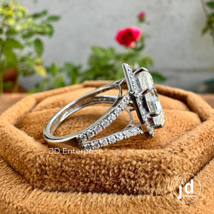 3.50 TCW Colorless Step Cut Pear Moissanite Engagement Ring, Round Halo Wedding Ring, Pave Set Split Shank Anniversary Ring, Bridal Ring Set