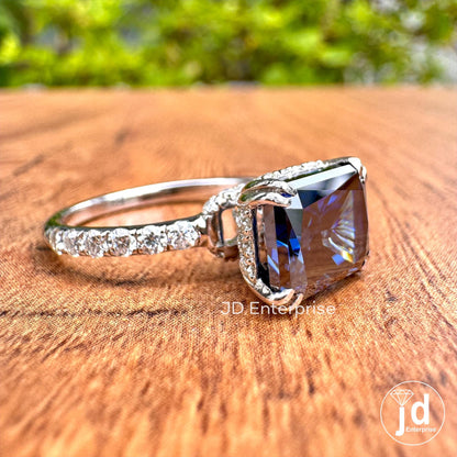 3.06 TCW Dark Blue Radiant Cut Moissanite Engagement Ring, East to West Set Anniversary Ring, Hidden Halo Wedding Ring, Pave Set Bridal Ring