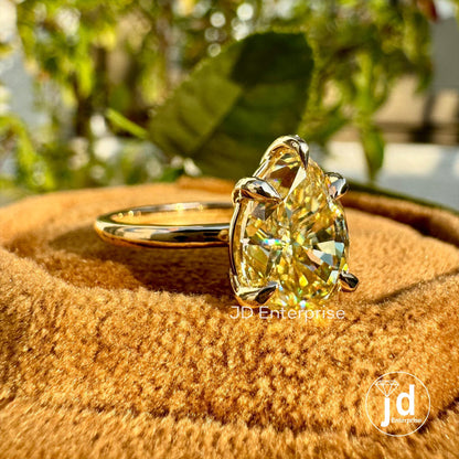 2.81 CT Canary Yellow Pear Moissanite Engagement Ring, Solitaire Ring for Women, Five Prongs, Yellow Gold Ring, Teardrop Ring Wedding Ring