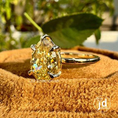 2.81 CT Canary Yellow Pear Moissanite Engagement Ring, Solitaire Ring for Women, Five Prongs, Yellow Gold Ring, Teardrop Ring Wedding Ring