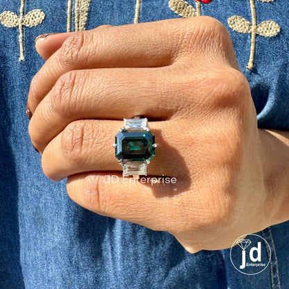 6.00 TW Emerald Cut Fancy Dark Green Moissanite Engagement Ring, Three Stone Wedding Ring, Side Stone Baguette, Anniversary Gift Bridal Ring