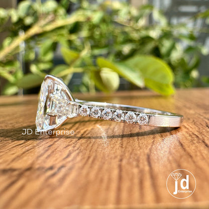 3.20 TW Elongated Cushion Moissanite Ring, Three Stone Engagement Ring, Side Tapered Baguettes Wedding Ring, Pave Set Propose Ring for Women