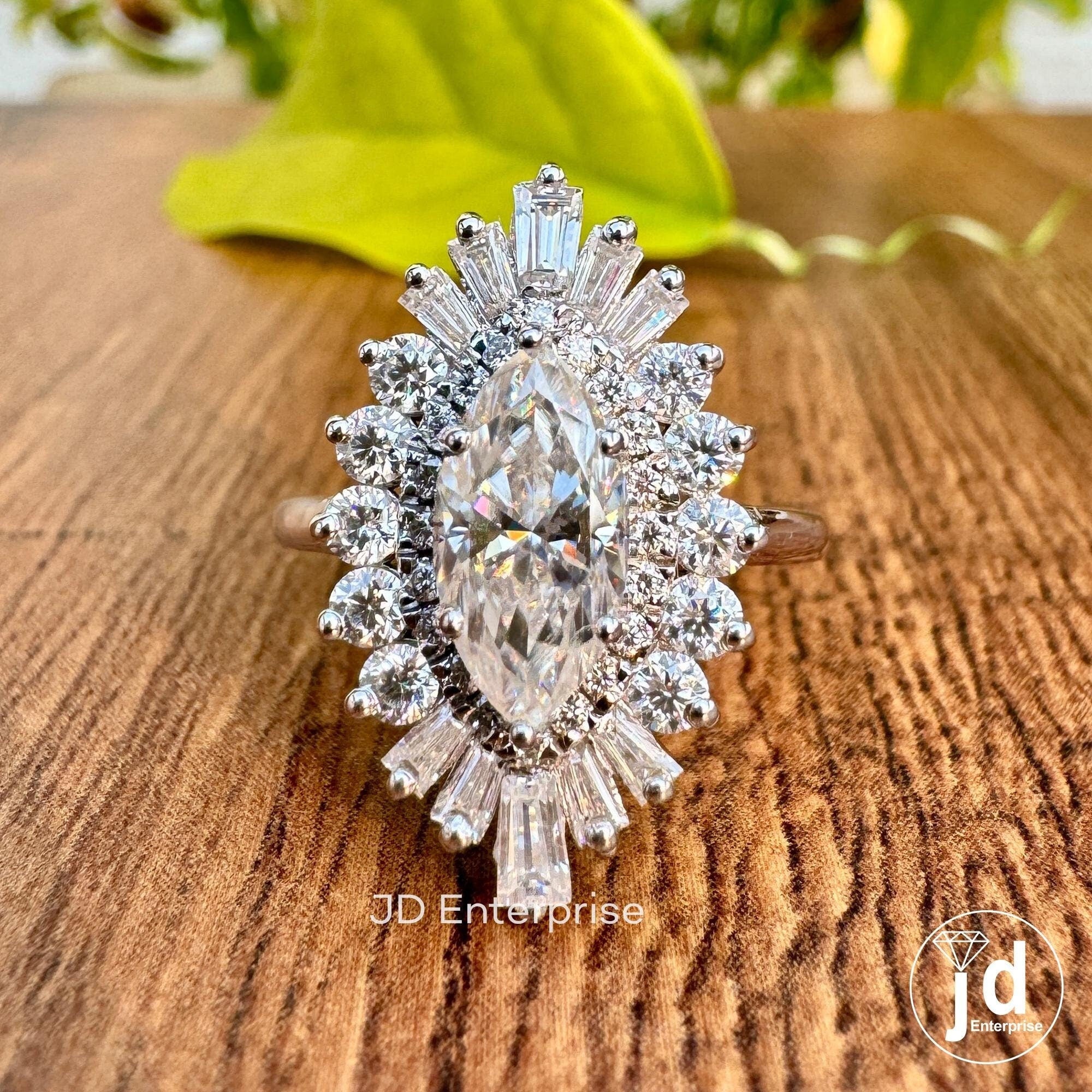 Celebrity Style Marquise Moissanite Engagement Ring, 2.15 TW Baguette and Round Cut Double Halo Wedding Ring, Starburst Halo Bridal Ring