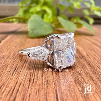 Three Stone Radiant Cut Engagement Ring, 5.65 TW Large Radiant Moissanite Ring, Celebrity Style, Crushed Ice Moissanite, Luxury Wedding Ring