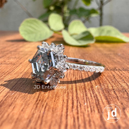 2.78 TW Hexagon Step Cut Grey Moissanite Engagement Ring, Flower Style Halo Wedding Ring, Pave Set Anniversary Ring, Bridal Set Ring