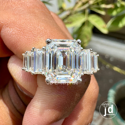5.00 TCW Colorless Emerald Cut Moissanite Engagement Ring, Sevan Stone Wedding Ring, Anniversary Gifts Ring, Promise Ring, Cocktail Ring