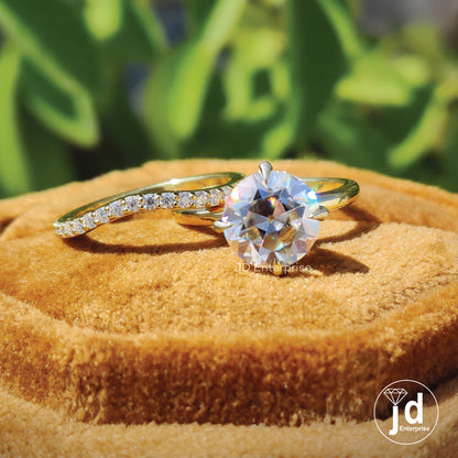 Vintage Style Wedding Set-2.35 CT Round Old European Cut Moissanite Solitaire Engagement Ring, Half Eternity Curved Band, Bridal Set