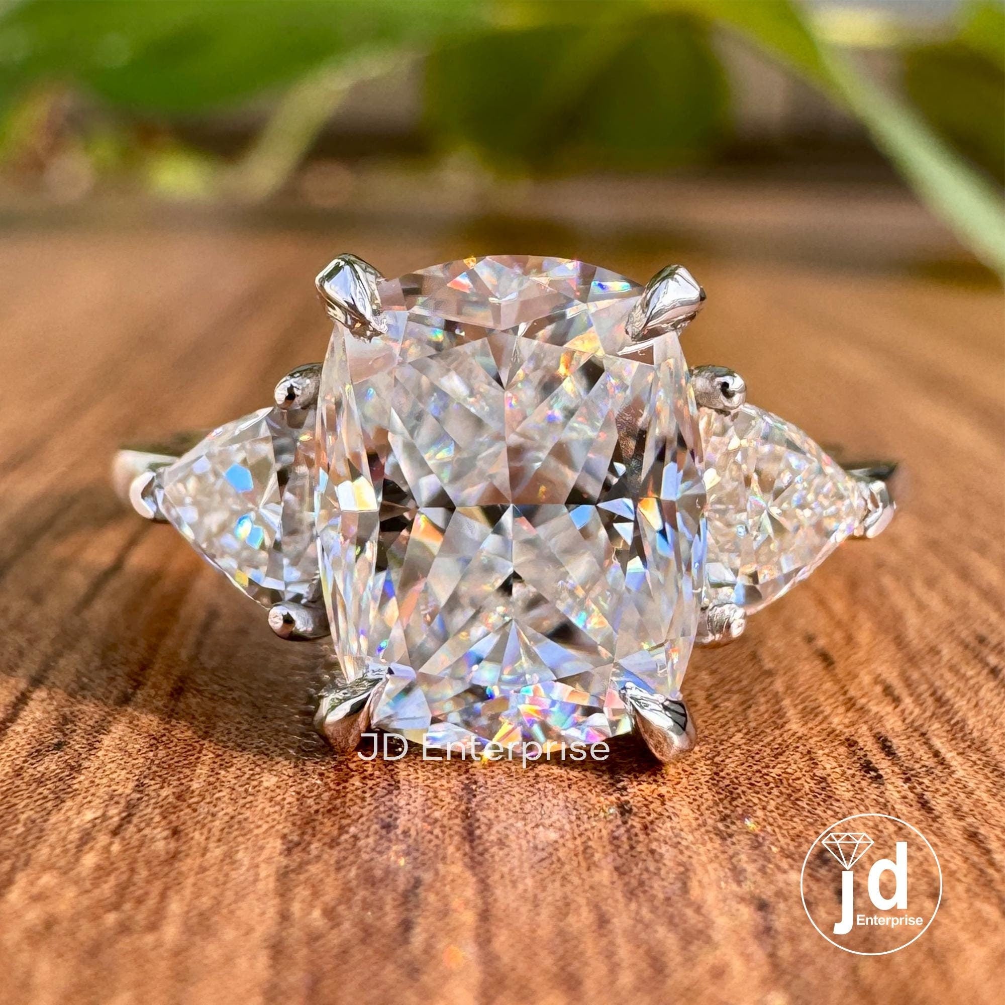 Ice Crushed Cushion Cut Moissanite Diamond Ring, 2.50 TW Three Stone Engagement Ring, Wedding Ring, Trillion Moissanite Ring, Promise Ring