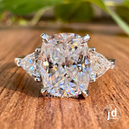 Ice Crushed Cushion Cut Moissanite Diamond Ring, 2.50 TW Three Stone Engagement Ring, Wedding Ring, Trillion Moissanite Ring, Promise Ring