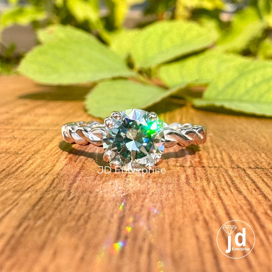1.00 CT Round Cut Cyan Bule Moissanite Solitaire Engagement Ring, Claw Prongs, Twisted Rope Band, Wedding Ring, Anniversary Gift