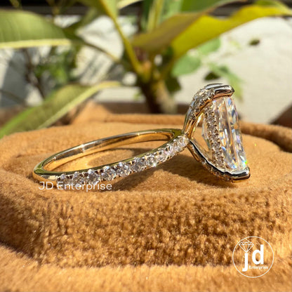 Elongated Radiant Cut Moissanite Hidden Halo Engagement Ring, Pave Wedding Ring for Her, Anniversary Gifts for Women, Accent Bridal Ring