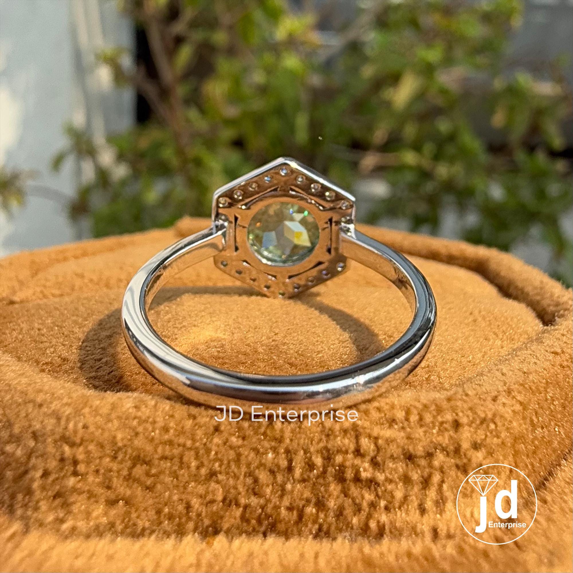 1.50 CT Flower Rose Cut Round Bluegreen Moissanite Ring, Hexagonal Shape Halo Engagement Ring, Six Prong Setting, Promise Rings for Her