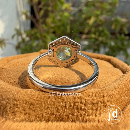 1.50 CT Flower Rose Cut Round Bluegreen Moissanite Ring, Hexagonal Shape Halo Engagement Ring, Six Prong Setting, Promise Rings for Her