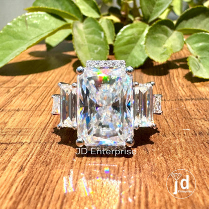 10.34 TCW Colorless Radiant Cut Moissanite Ring, Five Stone Moissanite Wedding Ring, Half Halo Ring for Women, Moissanite Engagement Ring
