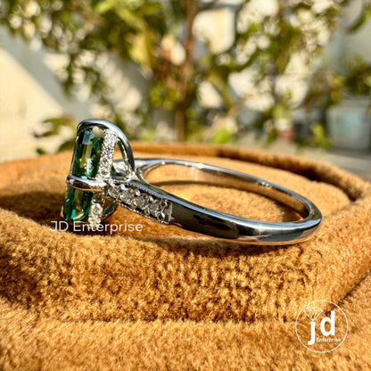2.25 CT Green Radiant Moissanite Engagement Ring, Hidden Halo Wedding Ring, Compass Set Prongs Milgrain Ring, With Accent Stone Bridal Ring