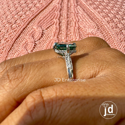 2.25 CT Green Radiant Moissanite Engagement Ring, Hidden Halo Wedding Ring, Compass Set Prongs Milgrain Ring, With Accent Stone Bridal Ring