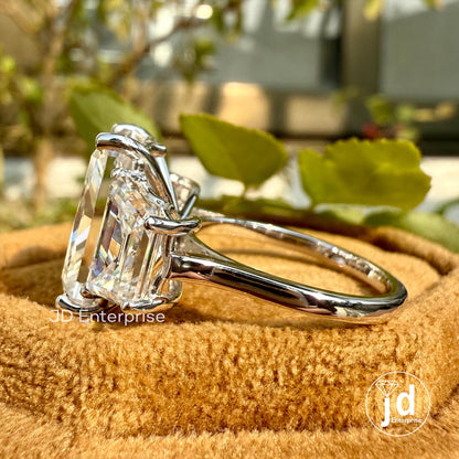 11.00 TCW Large Radiant Cut Moissanite Engagement Ring, Three Stone Celebrity Style Wedding Ring, Trapezoid Cut, Claw Prongs, Bride Ring Set