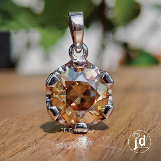 3.0 CT Round Old European Cut Champagne Moissanite Engagement Pendant, Solitaire Wedding Pendant for Necklace, Bridal Set, Anniversary Gift