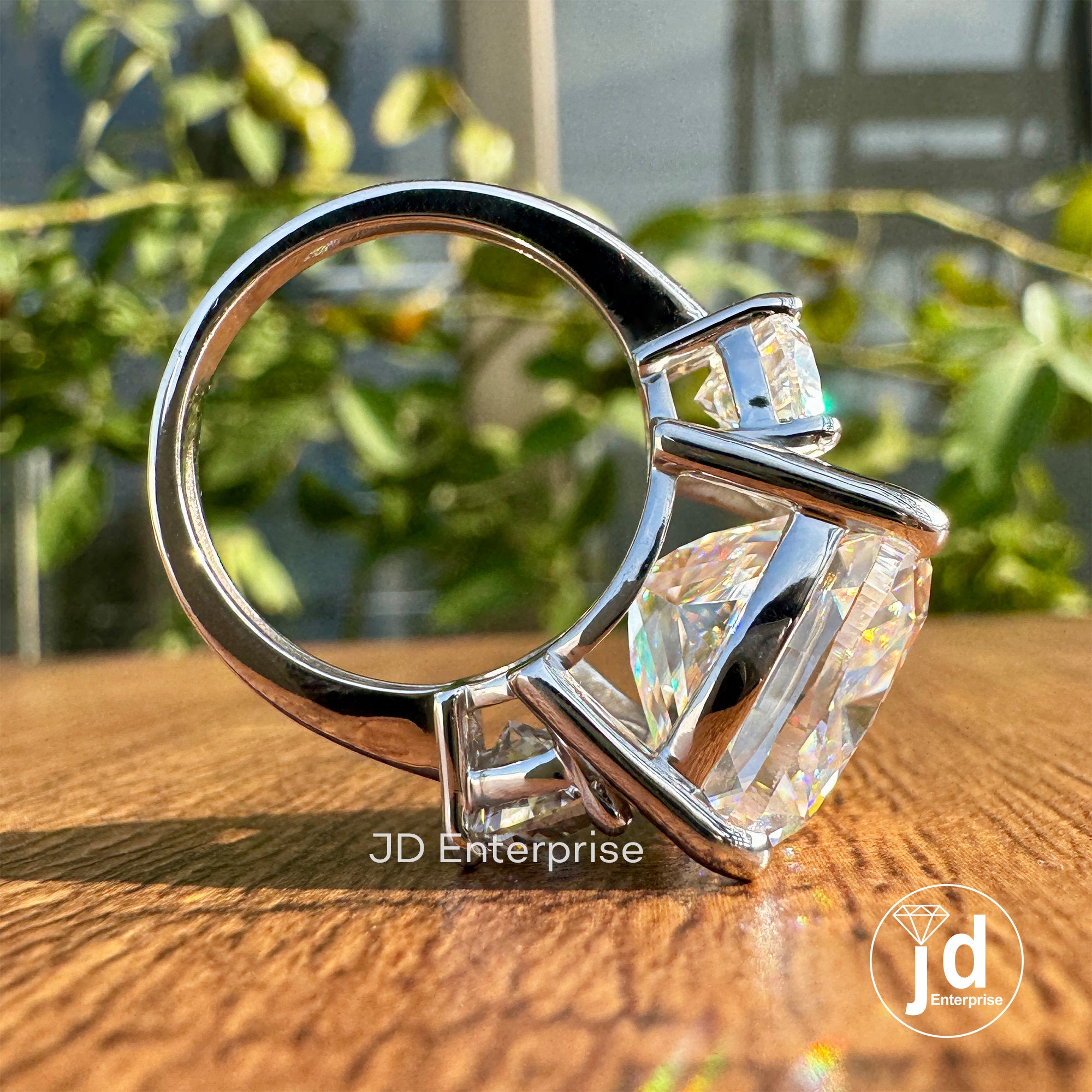 14.50 CT Crushed Ice Cushion & Half Moon Cut Moissanite Engagement Ring, Three Stone Wedding Ring, Big Size Moissanite Ring for Women