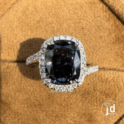 3.00 CT Elongated Cushion Cut Dark Grey Moissanite Engagement Ring, Halo Wedding Ring, Pave Set Bypass Shank, Bridal Ring, Anniversary Ring