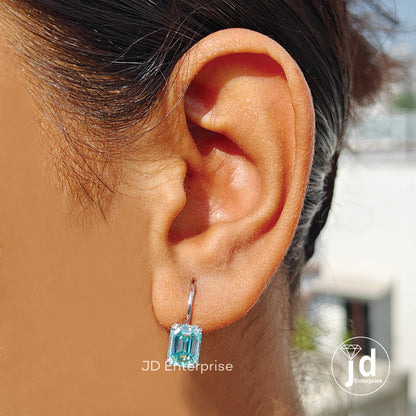 4.72 TCW Cyan Blue Emerald Cut Moissanite Engagement Earrings, Moissanite Wedding Earrings, Dangle Drop Bridal Earrings, Proposal Earrings