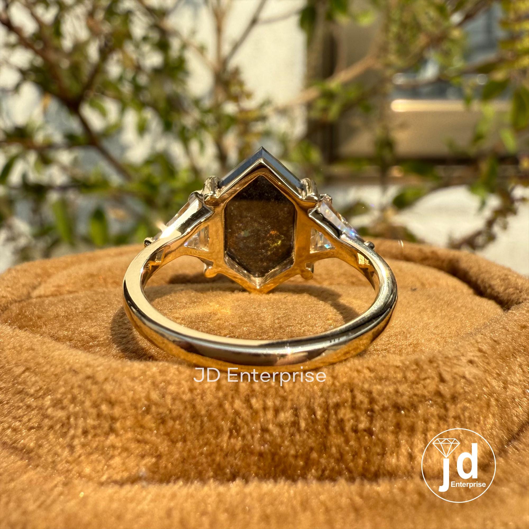 Raw Diamond Step Cut Hexagon & Triangle Moissanite, Salt and Pepper, Yellow Gold Engagement Ring, Three Stone Geometric Diamond Wedding Ring