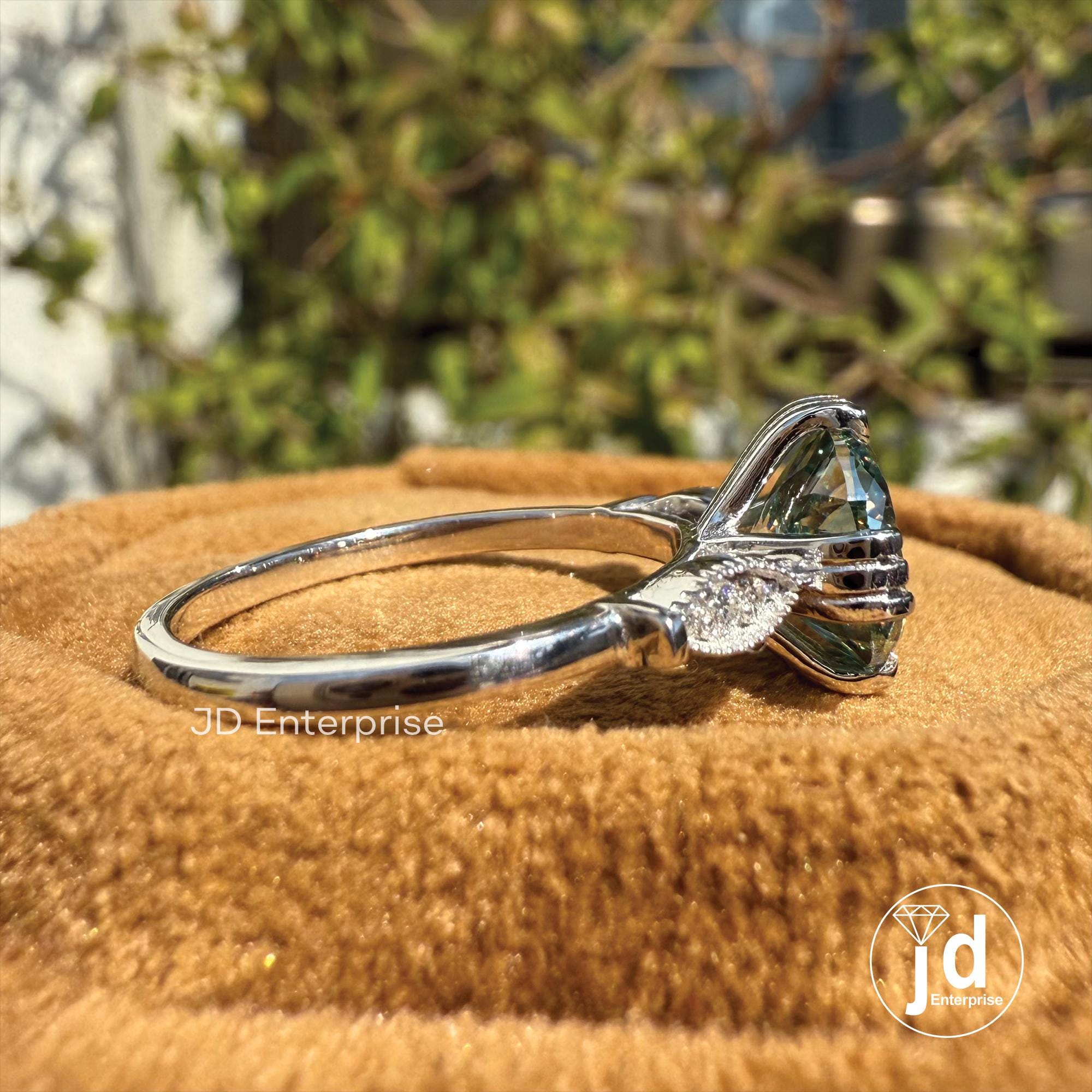 Vintage 2.00 CT Portuguese Cut Bluegreen Moissanite Engagement Ring, Fish Tail Prong Wedding Ring, Milgrain Anniversary Ring, Promise Ring