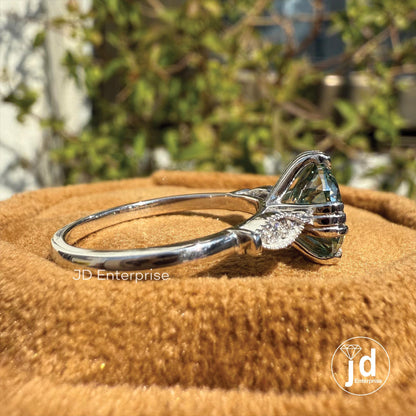 Vintage 2.00 CT Portuguese Cut Bluegreen Moissanite Engagement Ring, Fish Tail Prong Wedding Ring, Milgrain Anniversary Ring, Promise Ring
