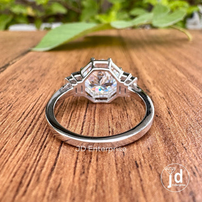 Vintage Style Five Stone Engagement Ring, 3CT Portuguese Cut Moissanite Ring, Side Stone Baguette Wedding Ring, Eight Prong Anniversary Ring