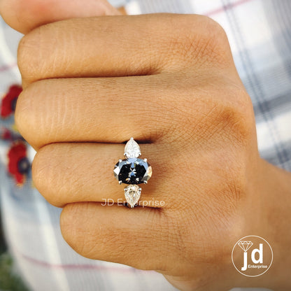 1.70 CT Dark Grey Oval Cut Moissanite Engagement Ring, Three Stone Wedding Ring, Crystal & Clear Pear Stone, Anniversary Gifts, Bridal Ring