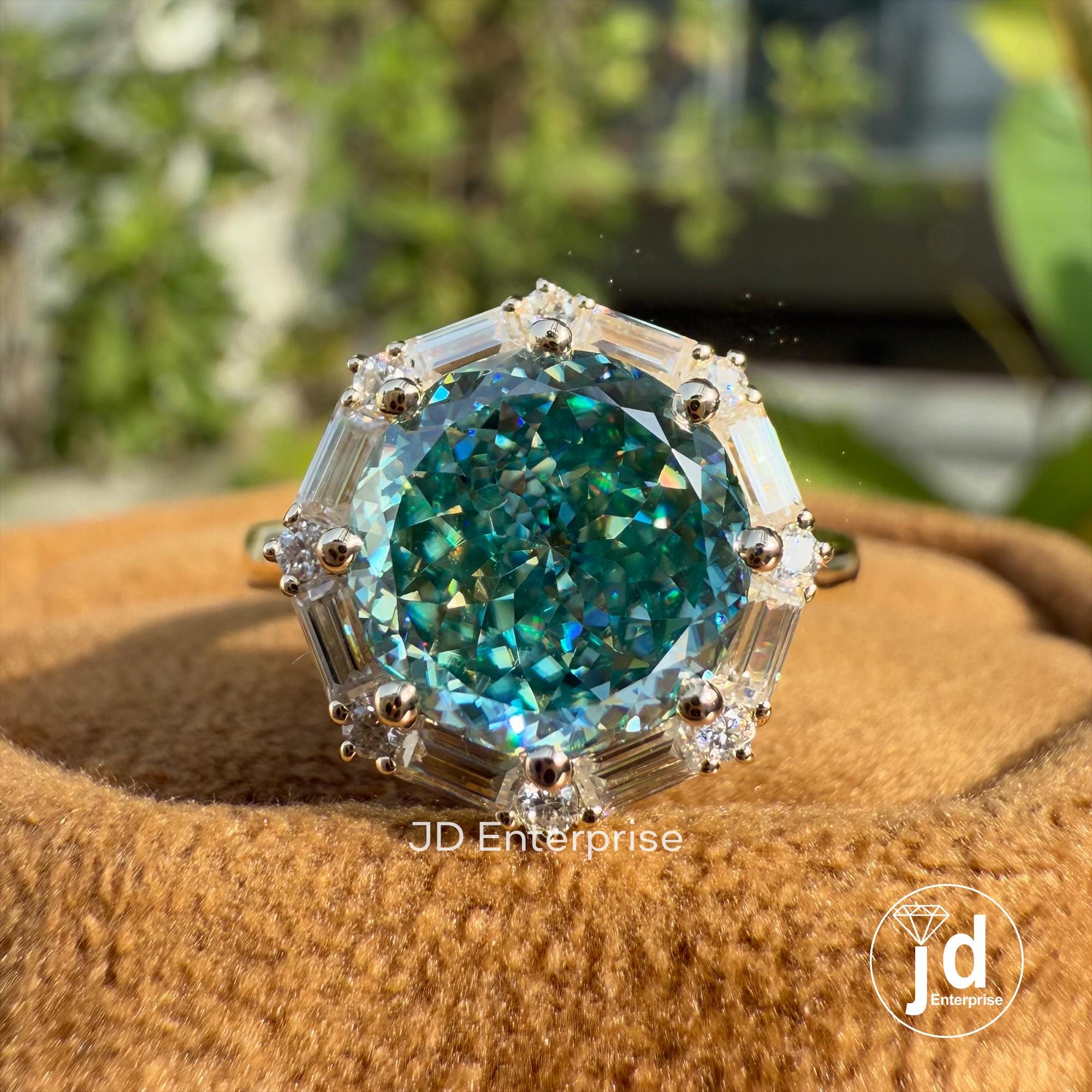 3.0 CT Portuguese Cut Cyan Blue Moissanite Ring, Vintage Style Engagement Ring, Baguette and Round Halo Ring, Wedding Ring, Anniversary Gift